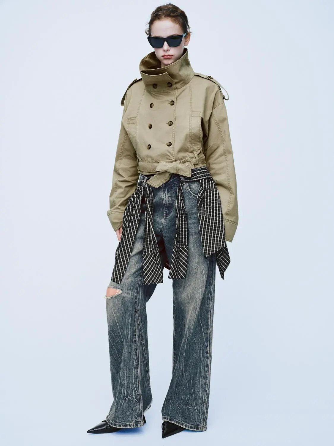 Double Breasted Belted Cropped Long Sleeve Cotton Jacket