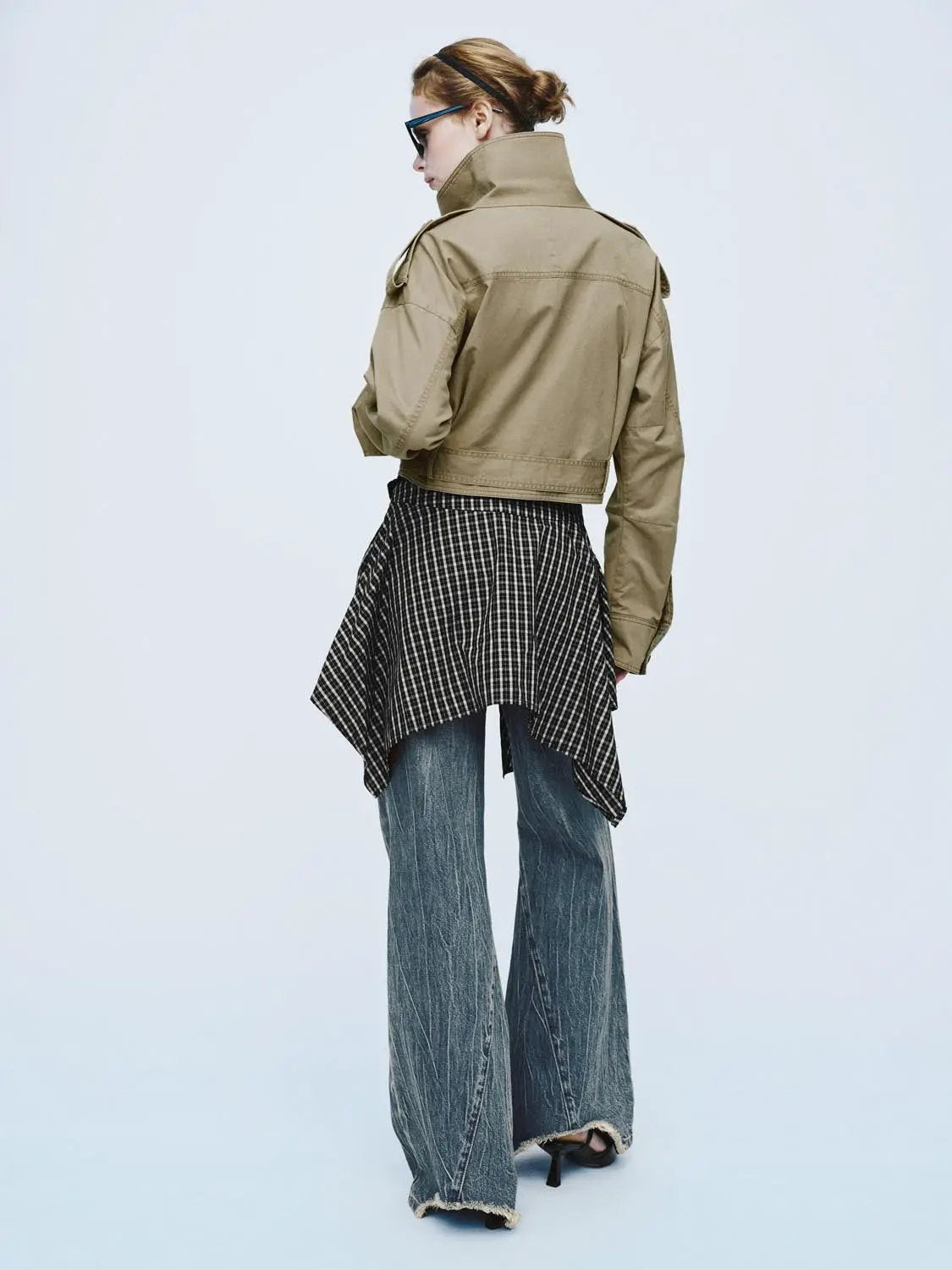 Double Breasted Belted Cropped Long Sleeve Cotton Jacket