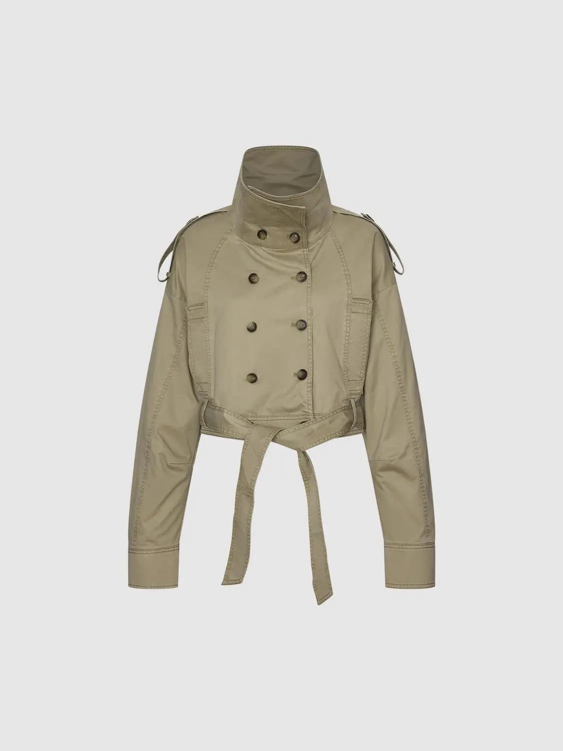 Double Breasted Belted Cropped Long Sleeve Cotton Jacket
