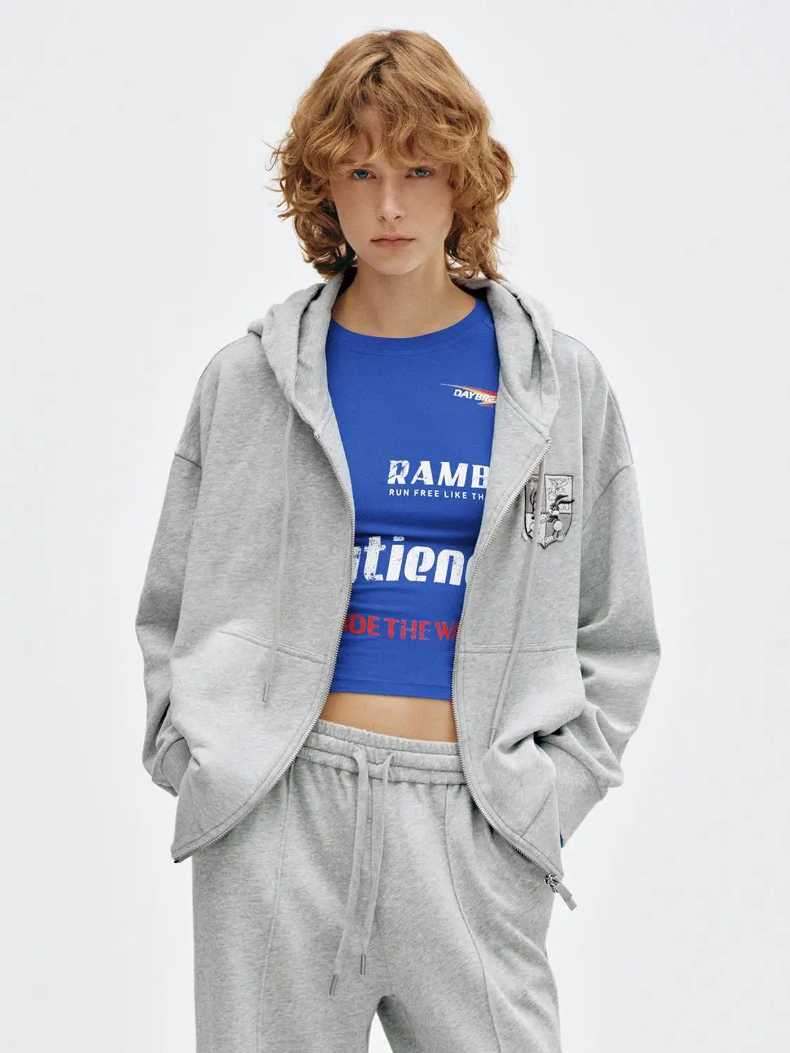 Chest Emblem Zip Front Hooded Long Sleeve Cotton Blend Sweatshirt