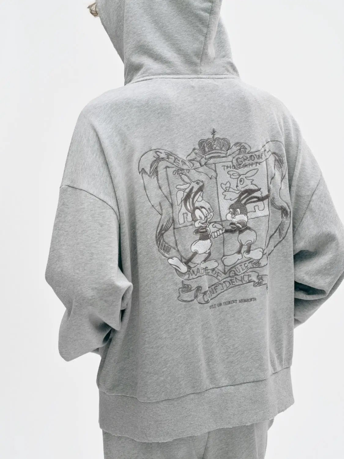 Chest Emblem Zip Front Hooded Long Sleeve Cotton Blend Sweatshirt