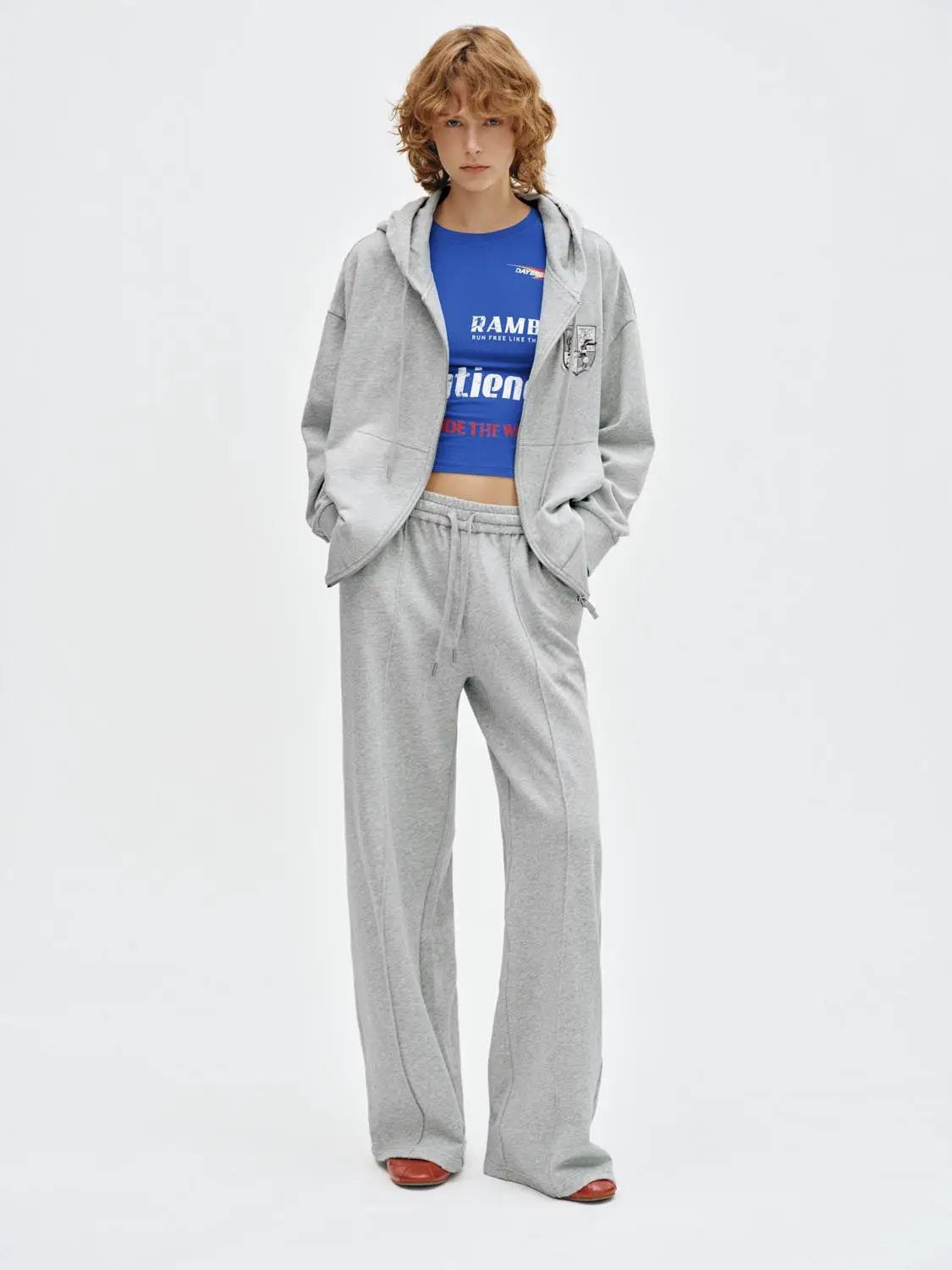 Chest Emblem Zip Front Hooded Long Sleeve Cotton Blend Sweatshirt