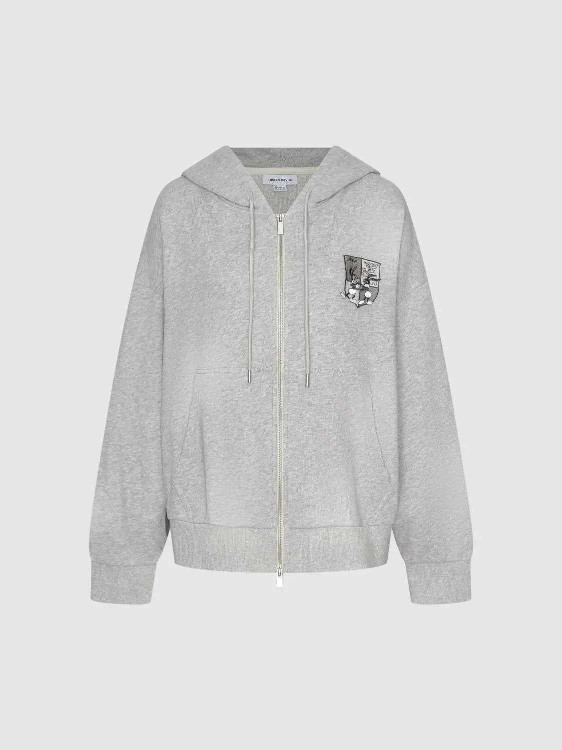 Chest Emblem Zip Front Hooded Long Sleeve Cotton Blend Sweatshirt