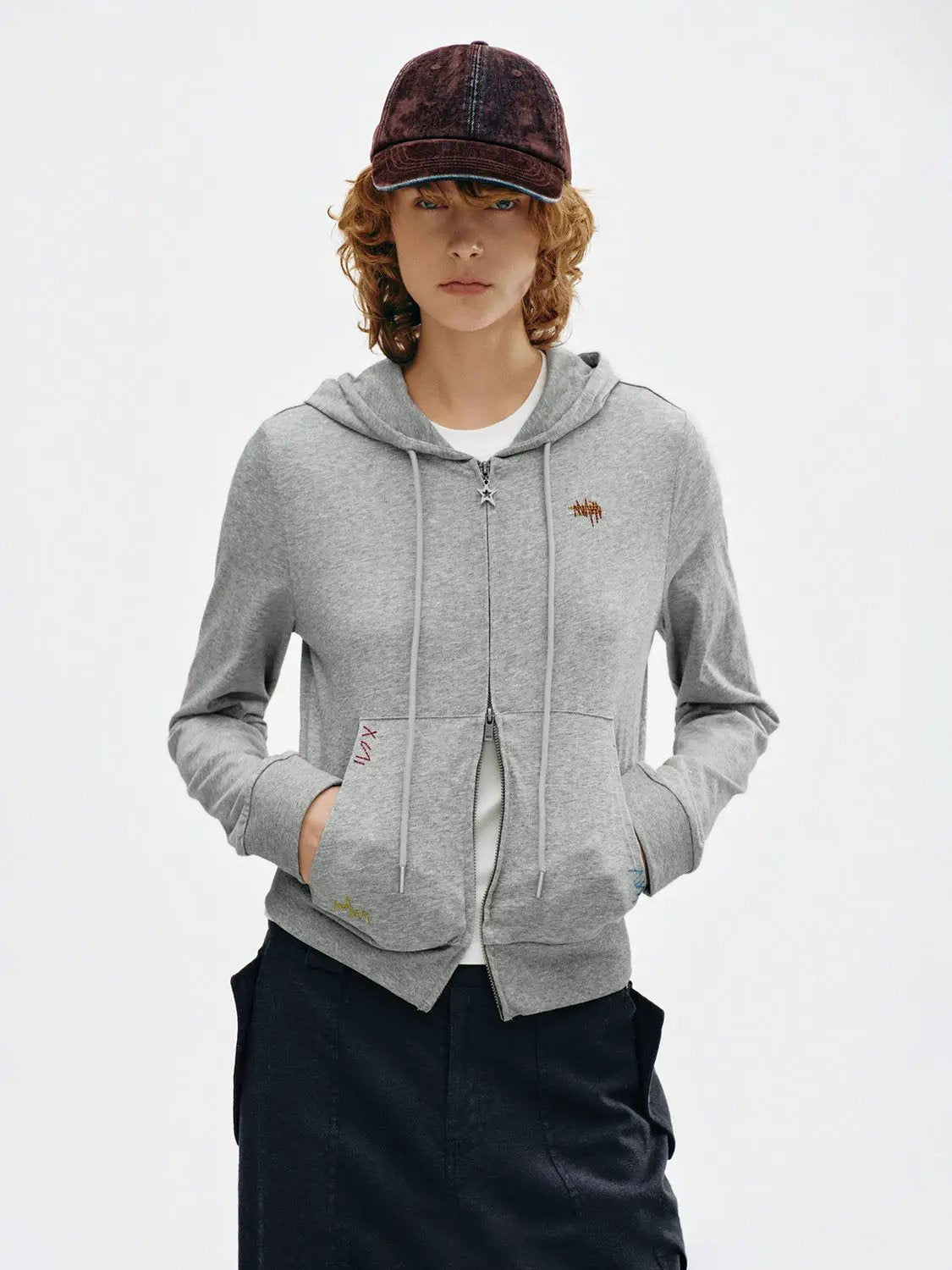 Text Embroidery Zip Long Sleeve Cotton Blend Hoodie