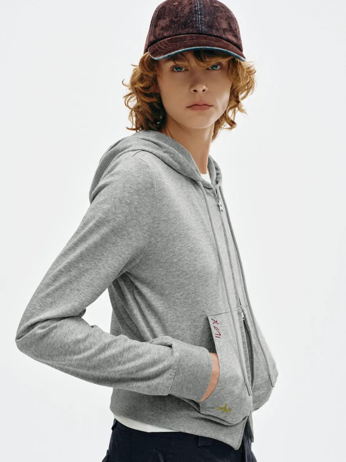 Text Embroidery Zip Long Sleeve Cotton Blend Hoodie