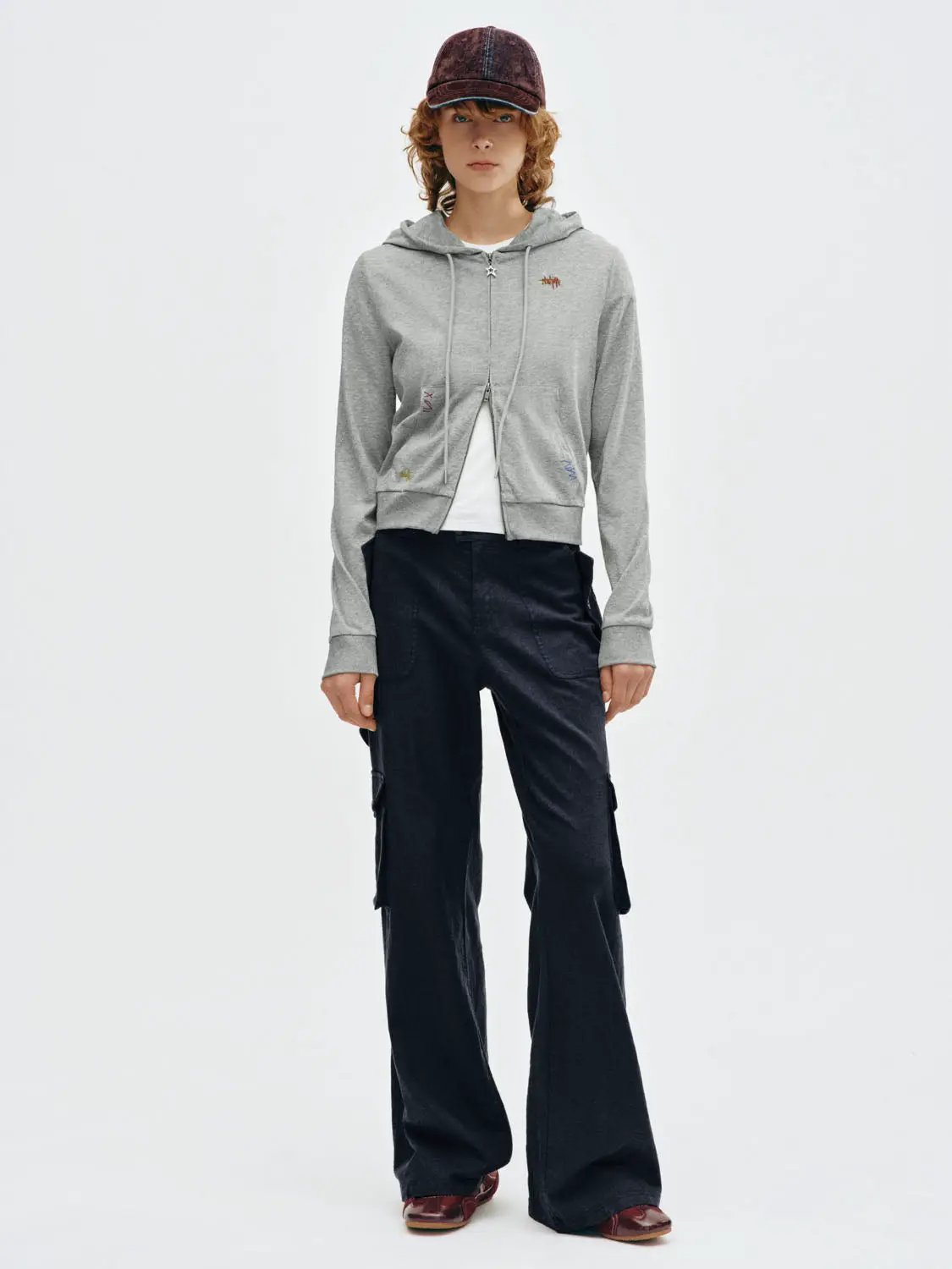 Text Embroidery Zip Long Sleeve Cotton Blend Hoodie