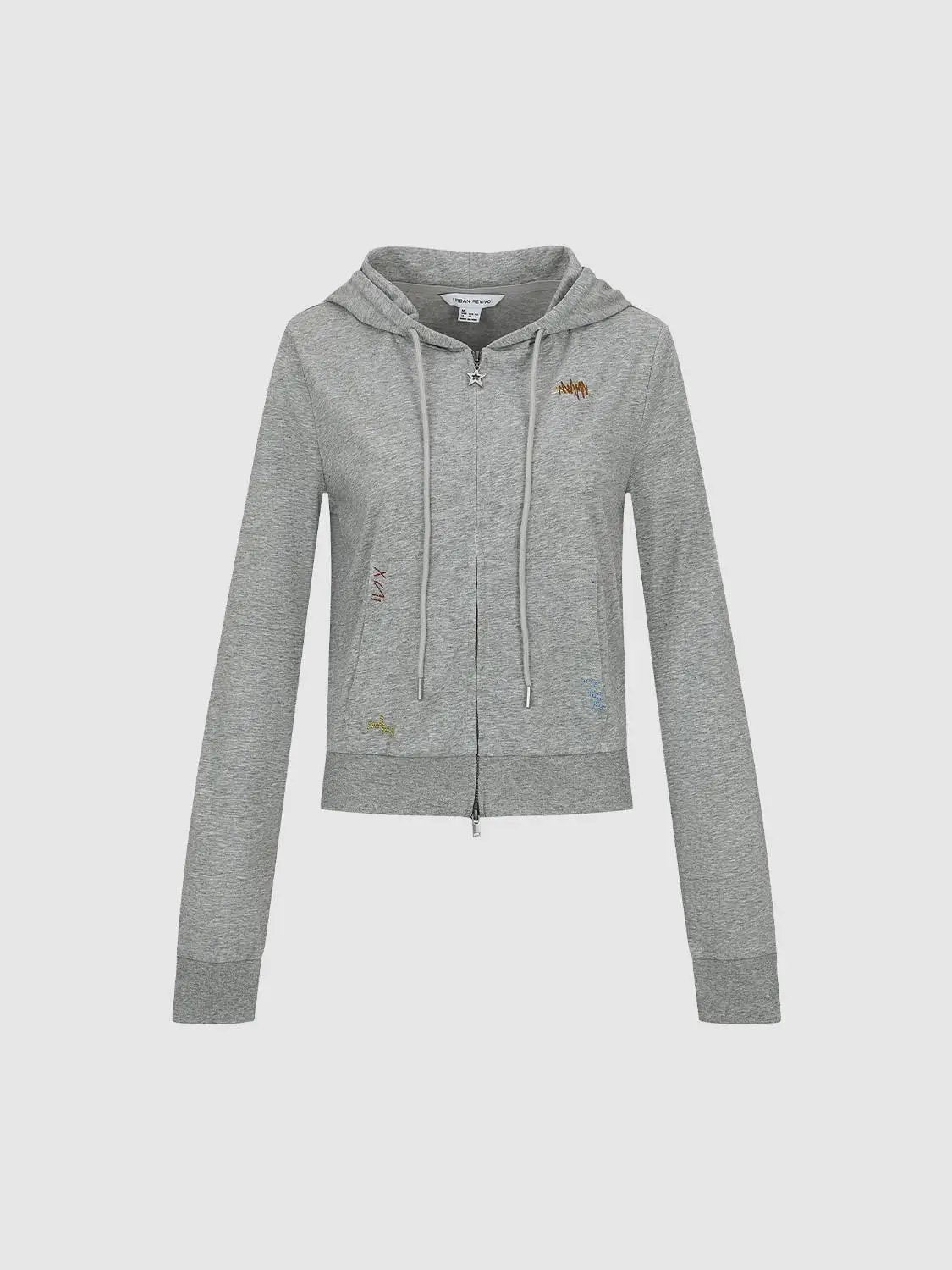 Text Embroidery Zip Long Sleeve Cotton Blend Hoodie