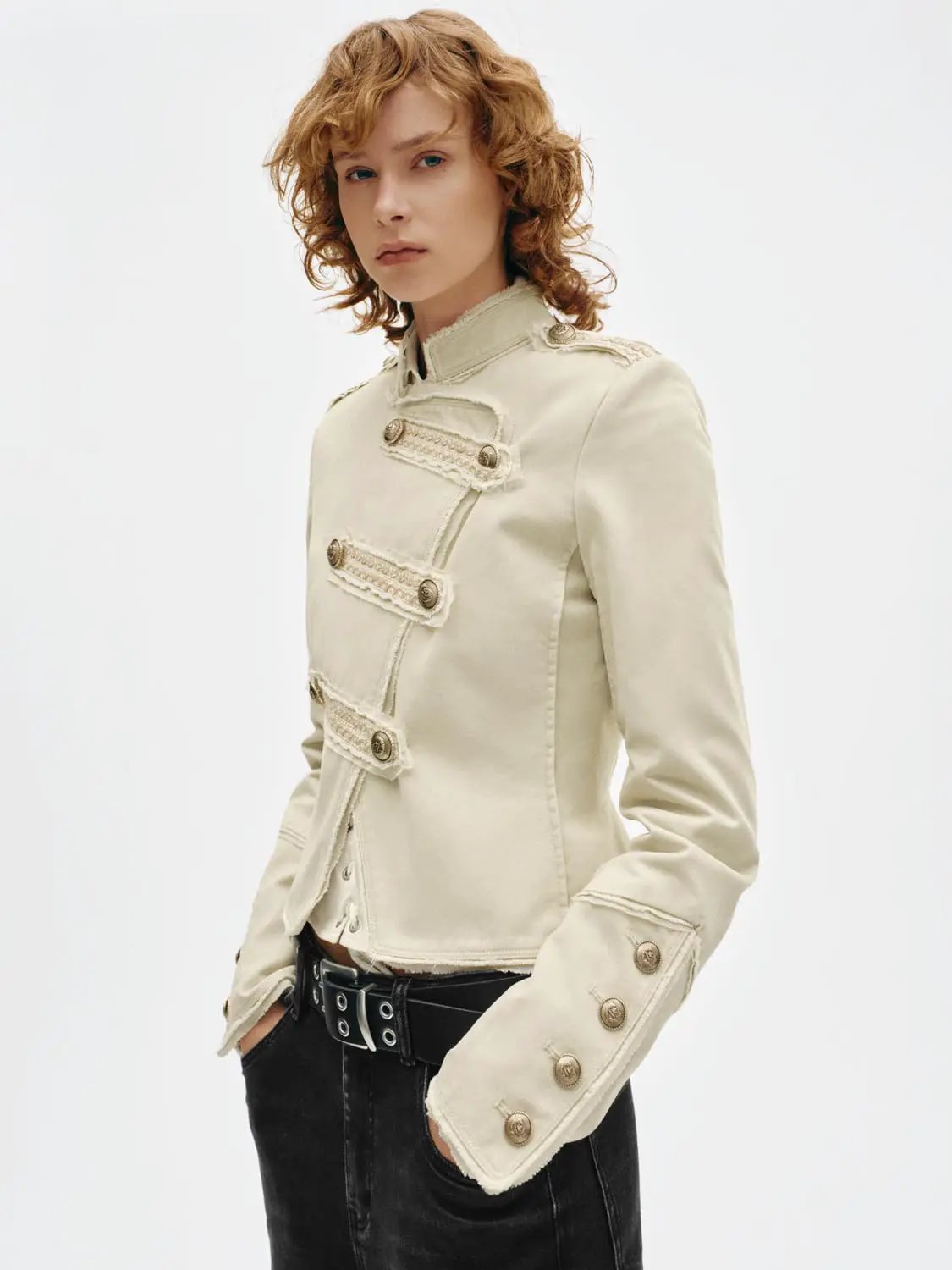 Button Raw Hem Shirt Collar Long Sleeve Cotton Jacket