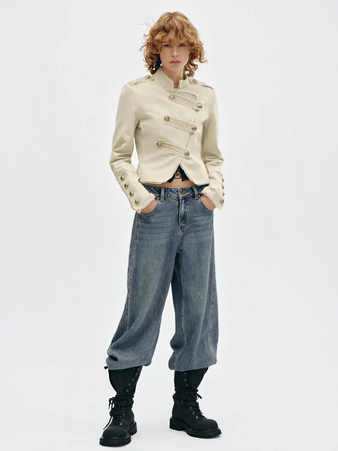 Button Raw Hem Shirt Collar Long Sleeve Cotton Jacket