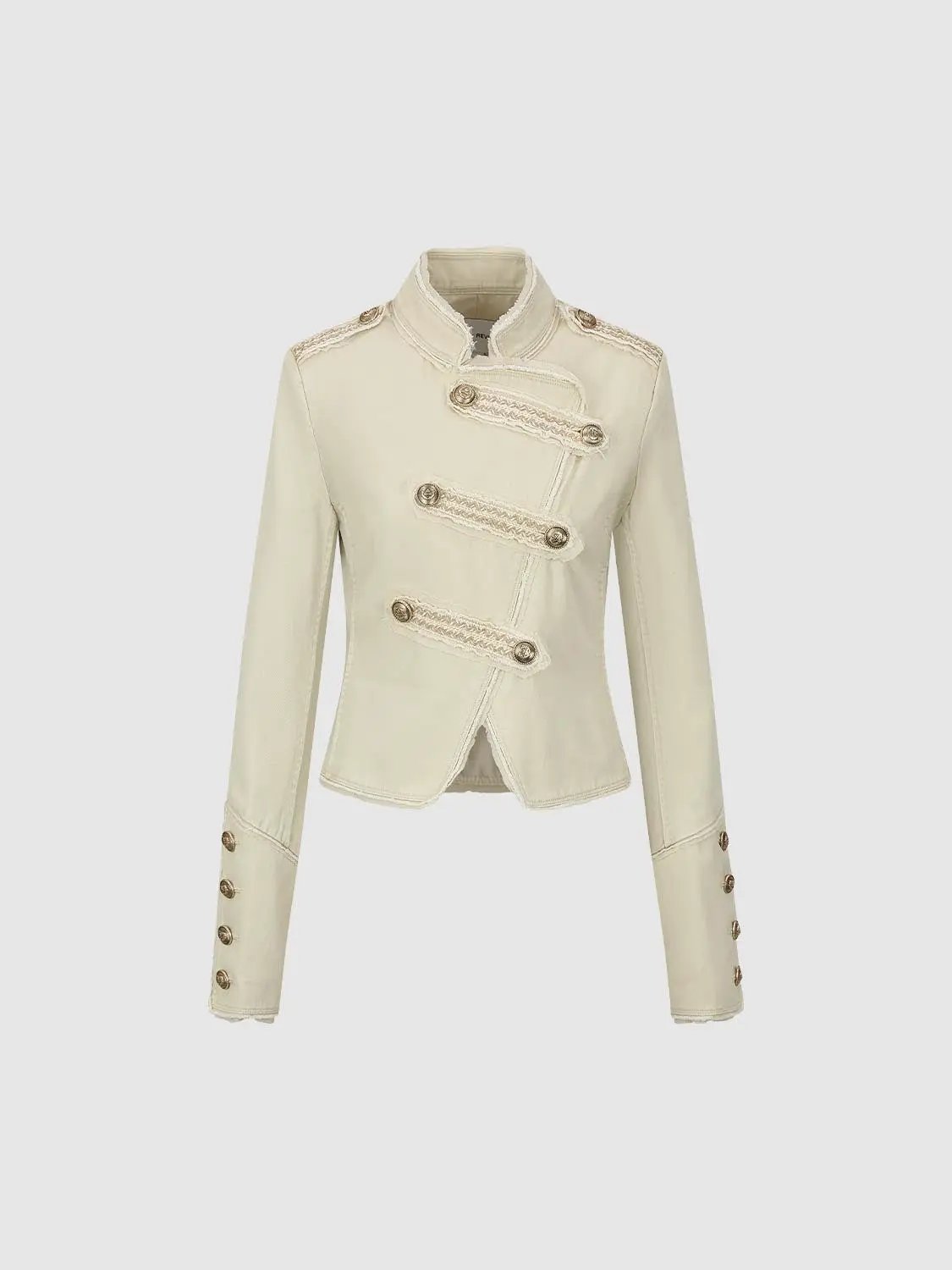 Button Raw Hem Shirt Collar Long Sleeve Cotton Jacket