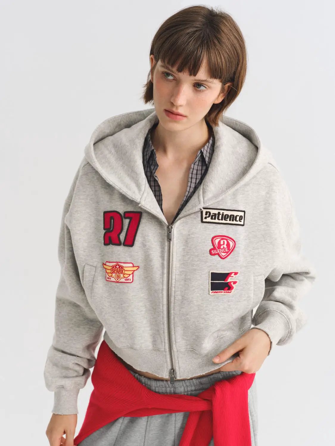 Patchwork Long Sleeve Ribbed Zip Front Cotton Blend Hoodie
