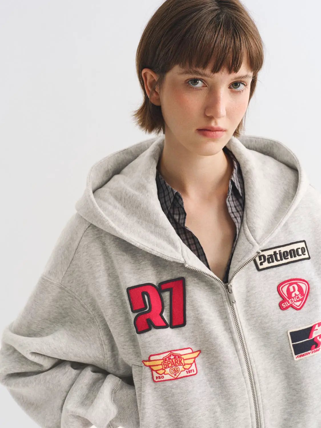 Patchwork Long Sleeve Ribbed Zip Front Cotton Blend Hoodie
