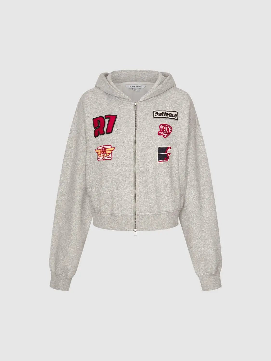 Patchwork Long Sleeve Ribbed Zip Front Cotton Blend Hoodie