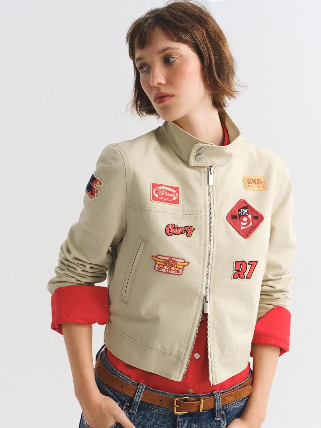 Patch Zipper Stand Collar Long Sleeve Cotton Jacket