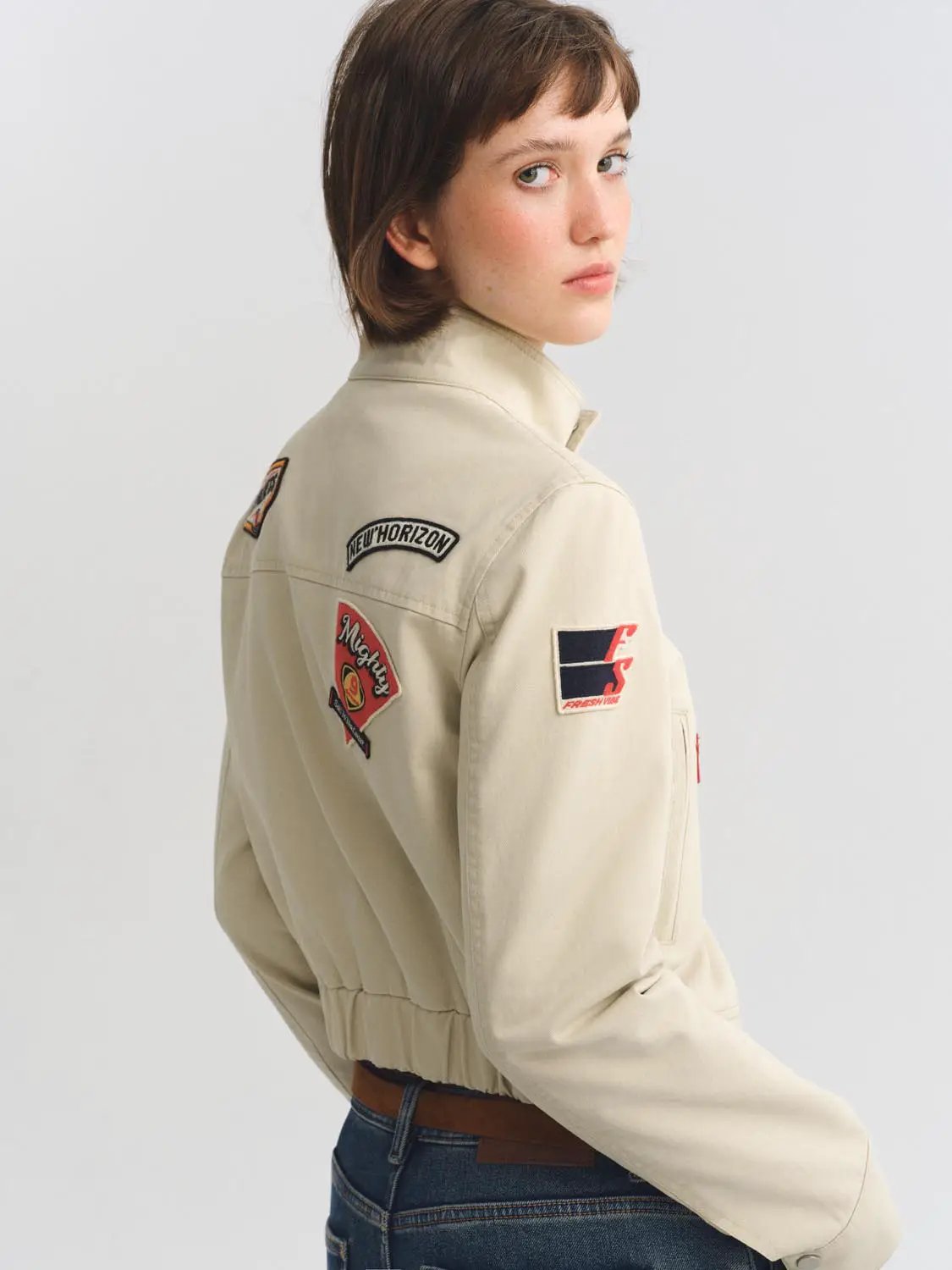 Patch Zipper Stand Collar Long Sleeve Cotton Jacket