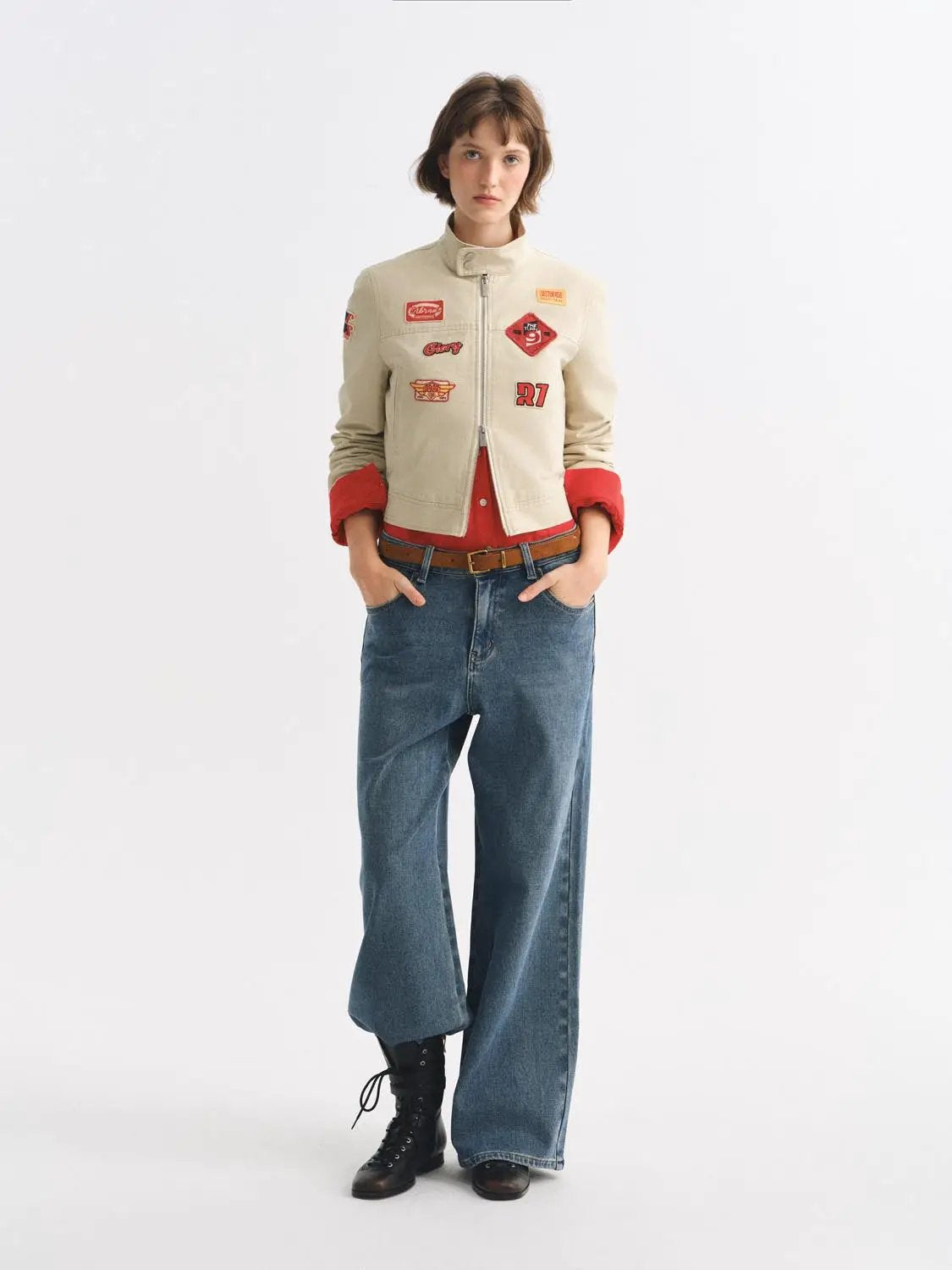 Patch Zipper Stand Collar Long Sleeve Cotton Jacket