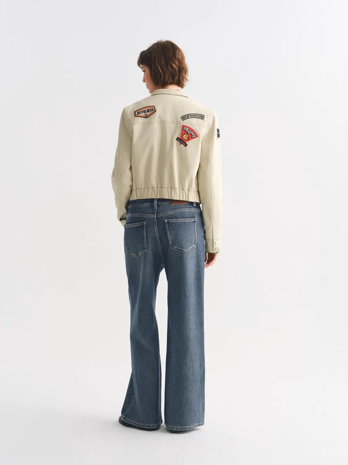 Patch Zipper Stand Collar Long Sleeve Cotton Jacket