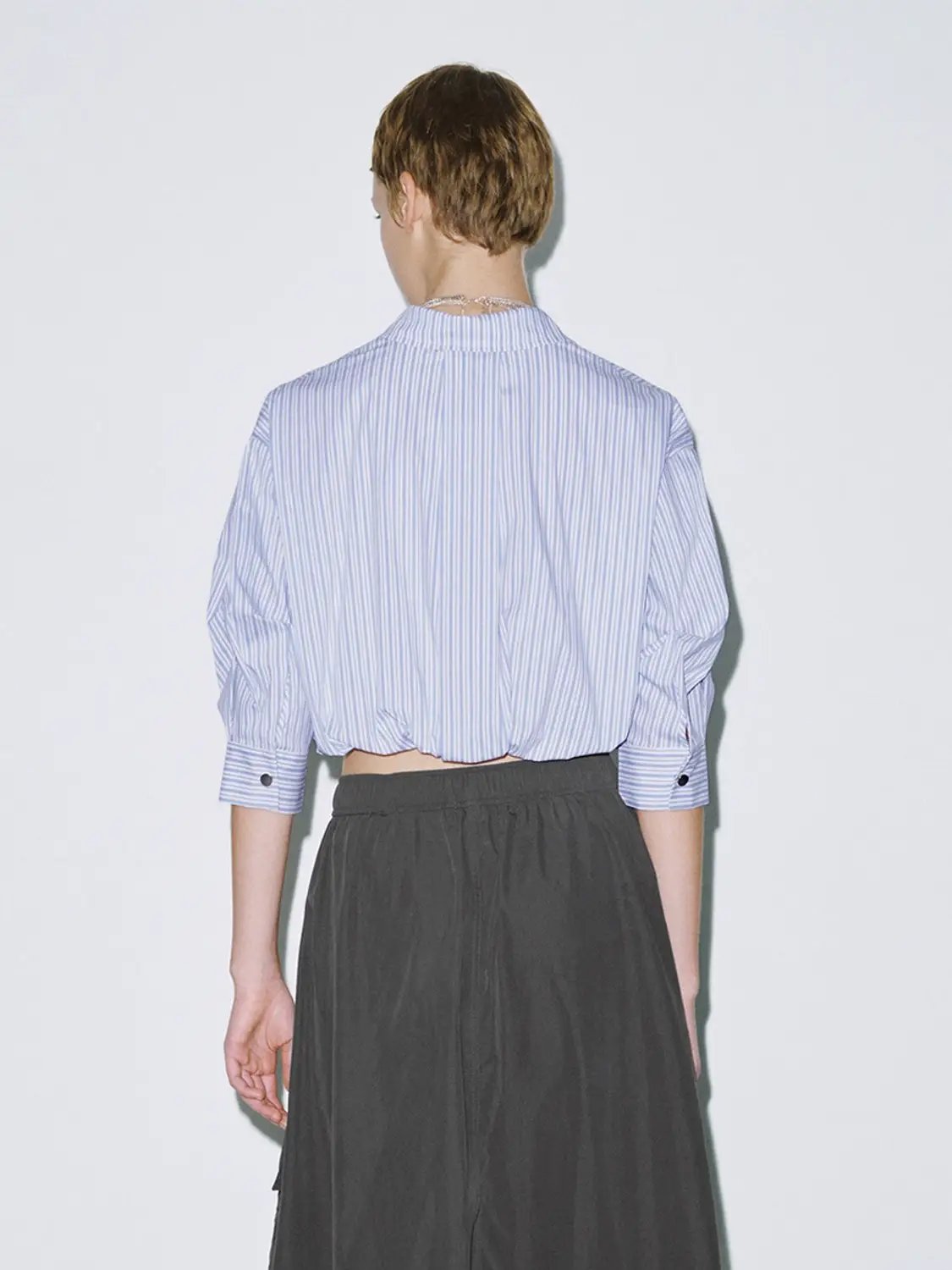 Striped Cropped Oversized Light Blue Cotton Shirt