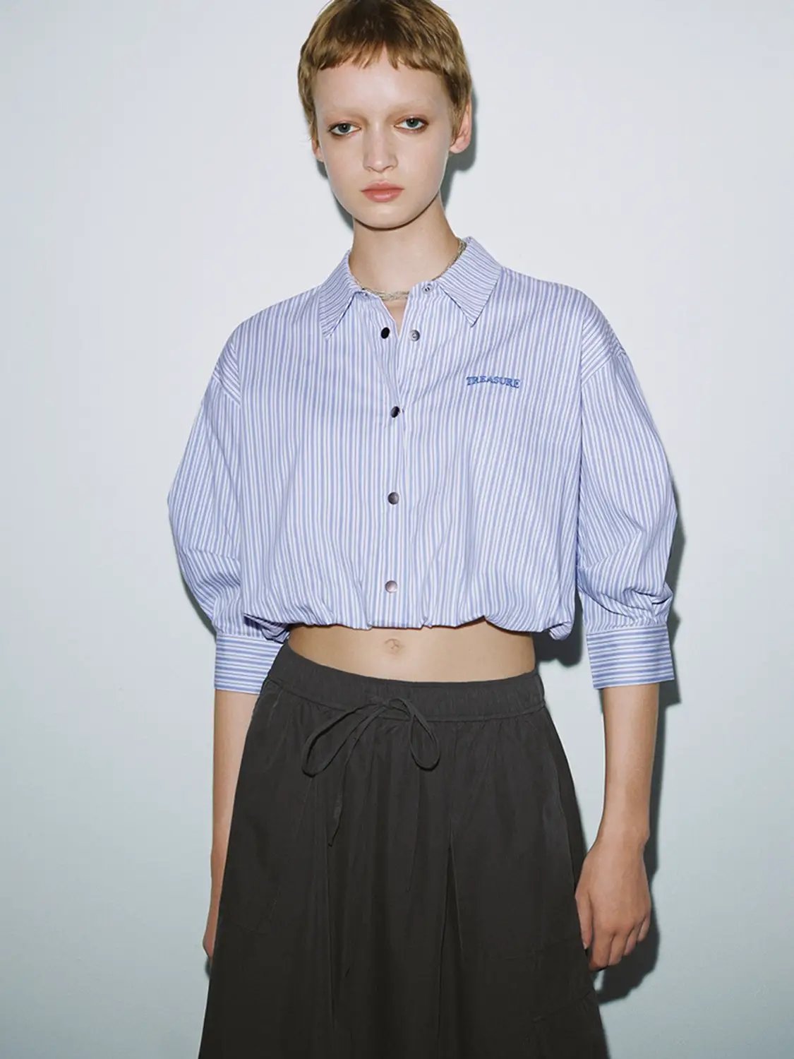 Striped Cropped Oversized Light Blue Cotton Shirt