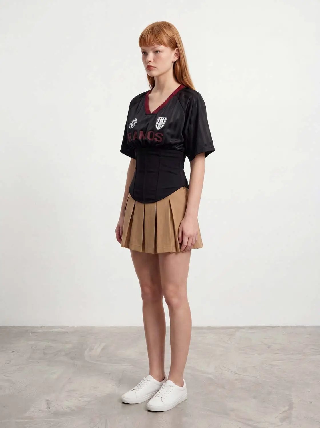 V Neck Letter Print Soccer Jersey Waist Cinching Corset Top