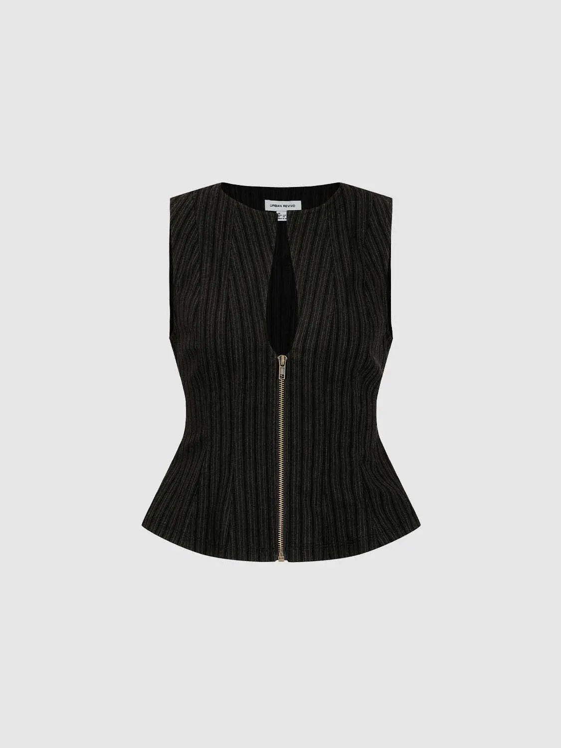 Textured Keyhole Neck Zip Front Sleeveless Peplum Vest Top