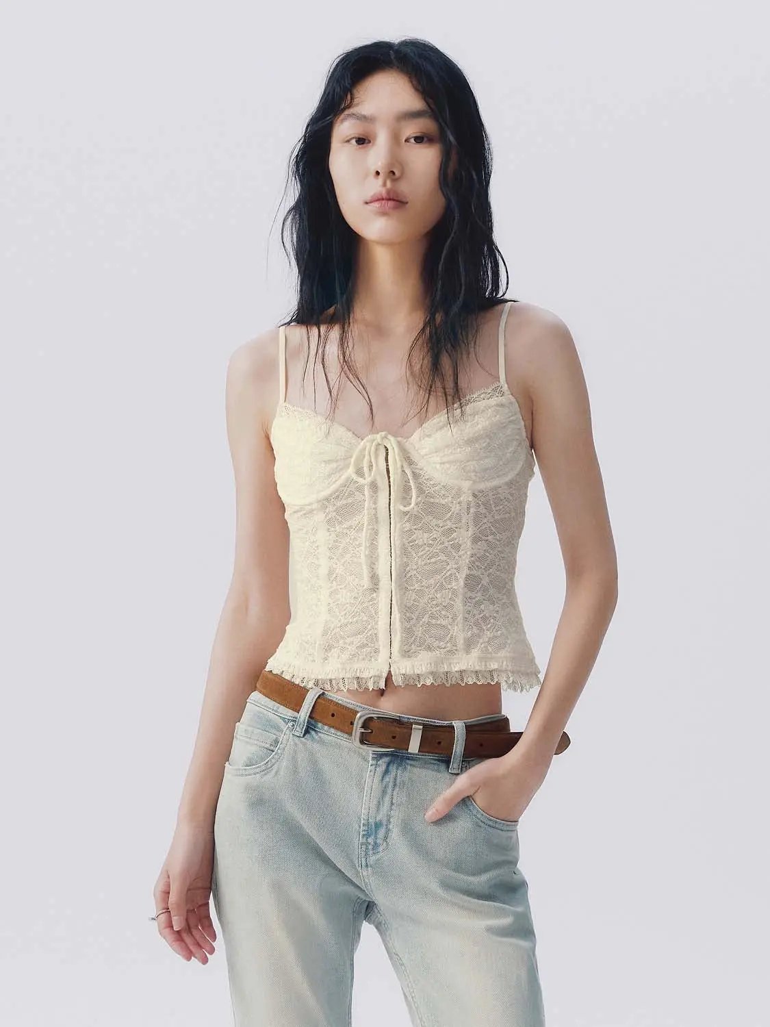 Tie Ruffle Hem Lace Slim Cropped Spaghetti Strap Cami Top
