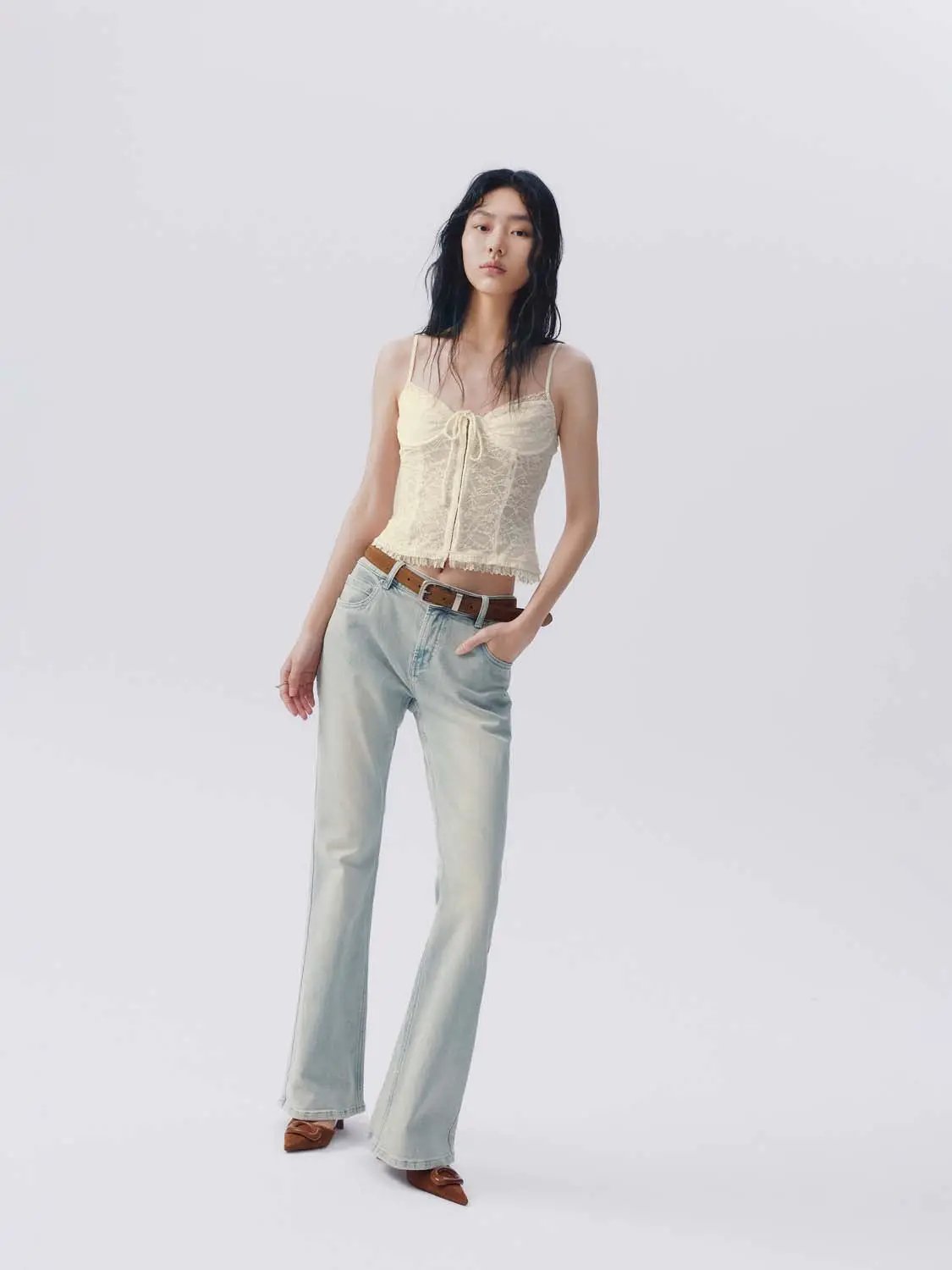 Tie Ruffle Hem Lace Slim Cropped Spaghetti Strap Cami Top