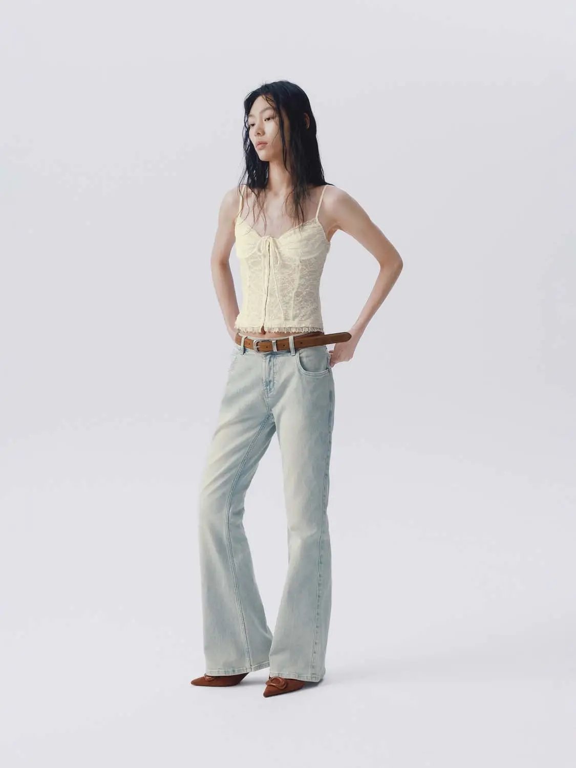 Tie Ruffle Hem Lace Slim Cropped Spaghetti Strap Cami Top