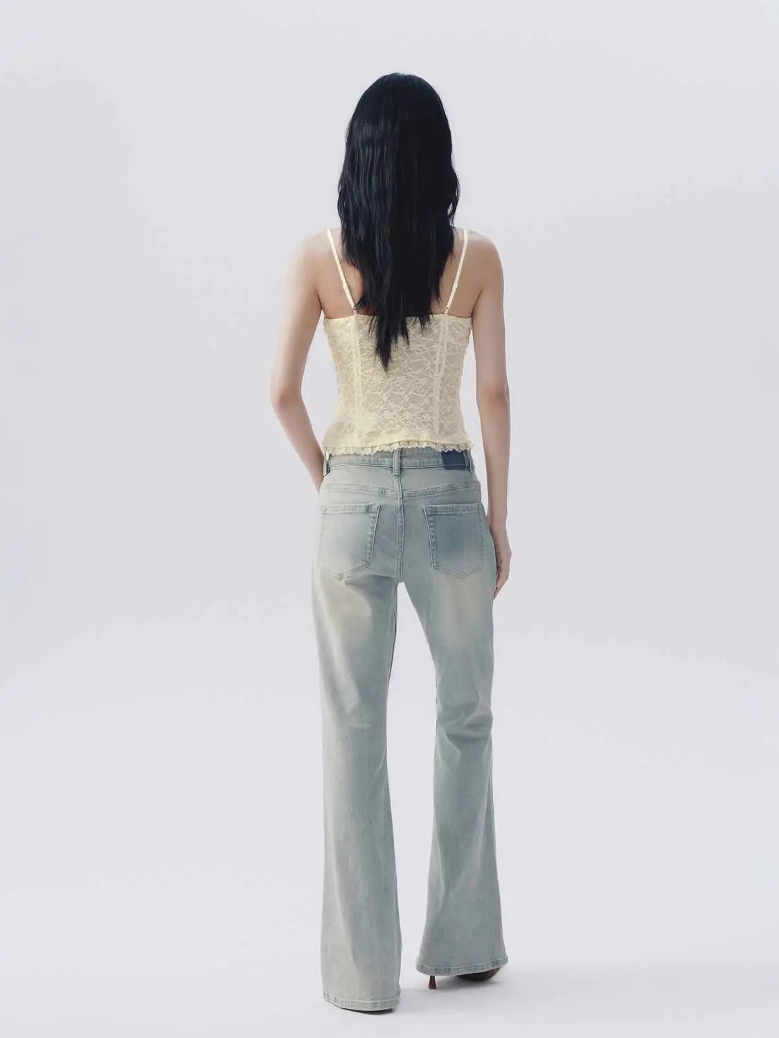 Tie Ruffle Hem Lace Slim Cropped Spaghetti Strap Cami Top