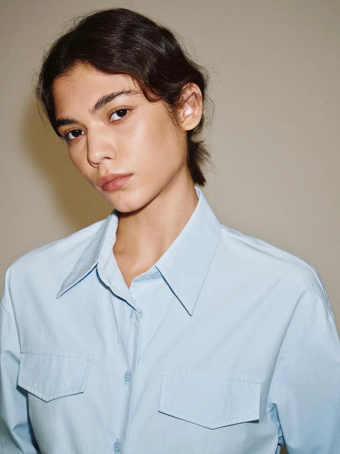 Tie Front Light Blue Shirt Collar Long Sleeve Cotton Shirt