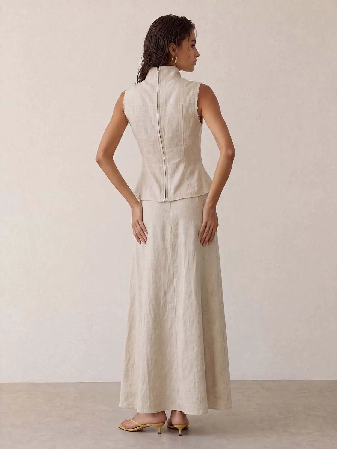 Stand Collar Button Front Cotton Linen Blend Vest