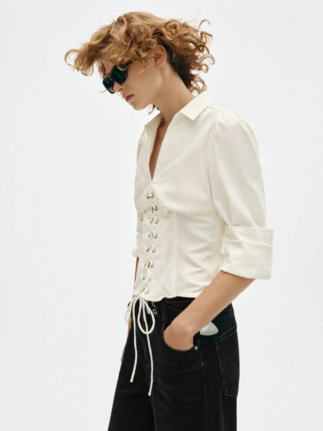 Lace up Fitted Shirt Collar Long Sleeve Cotton Blouse