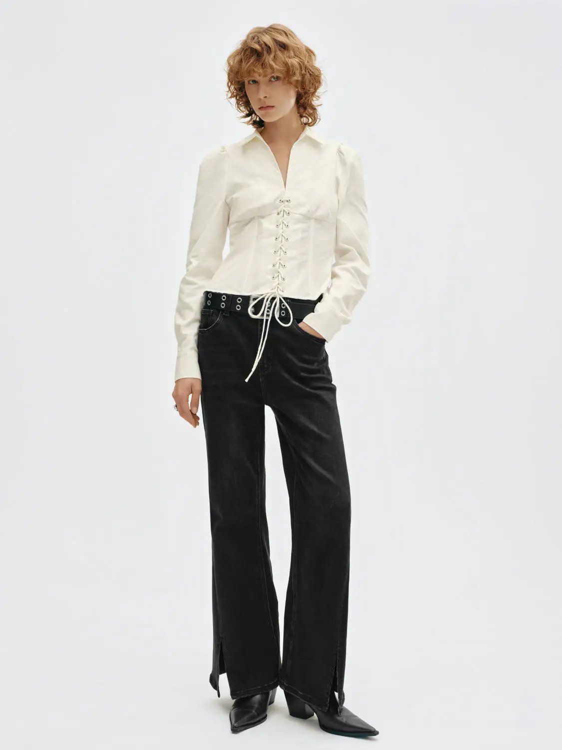 Lace up Fitted Shirt Collar Long Sleeve Cotton Blouse