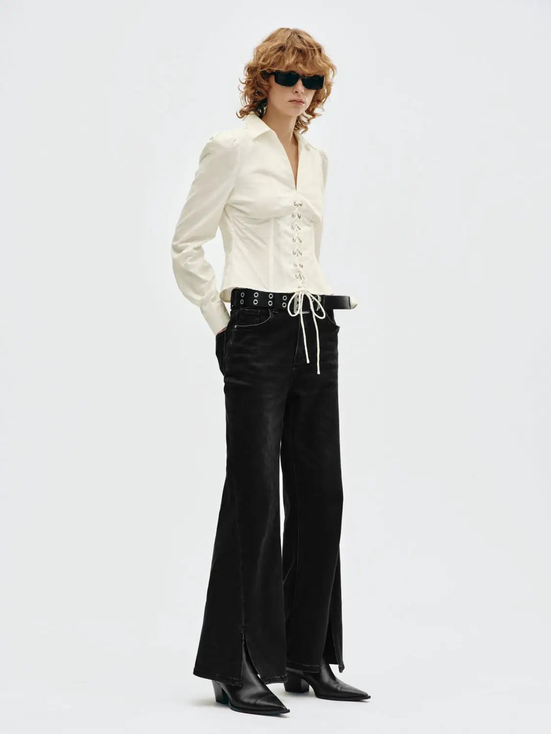 Lace up Fitted Shirt Collar Long Sleeve Cotton Blouse