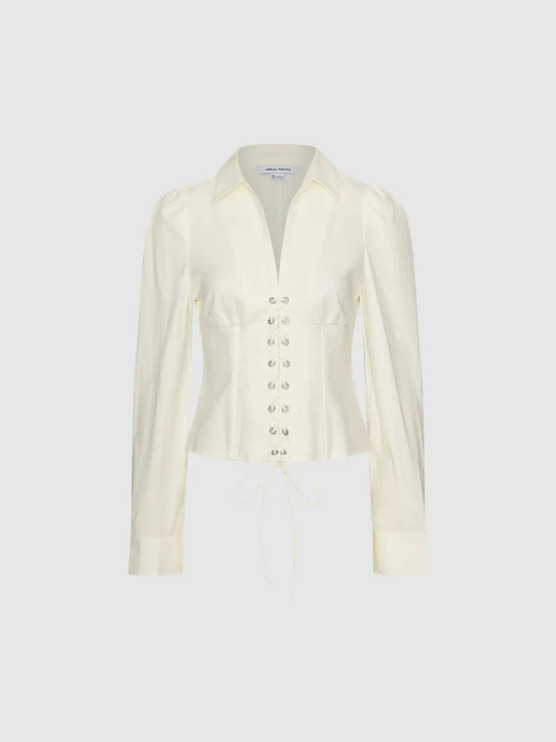 Lace up Fitted Shirt Collar Long Sleeve Cotton Blouse