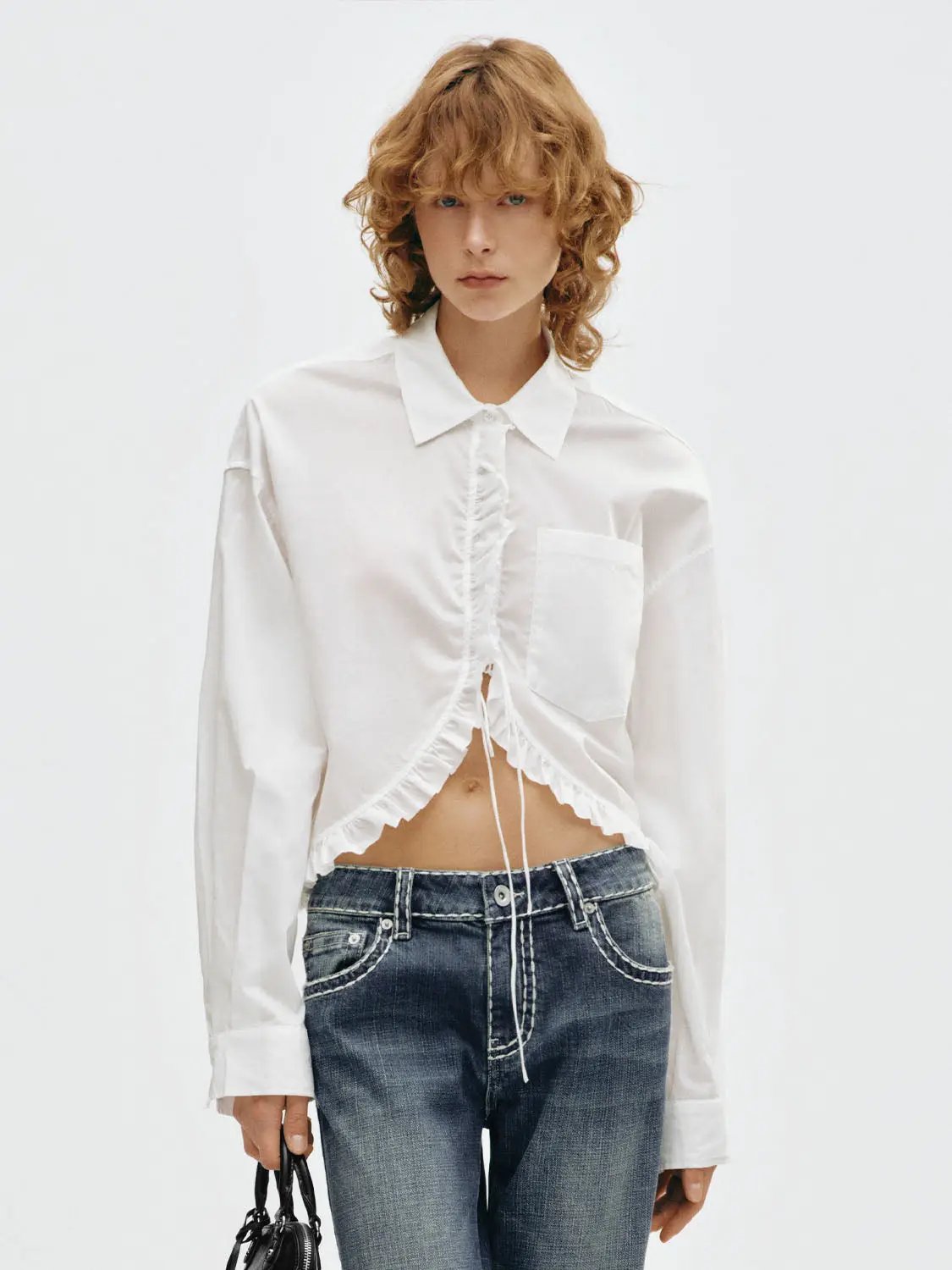 Ruffled Lace-up Open Front Long Sleeve Cotton Shirt