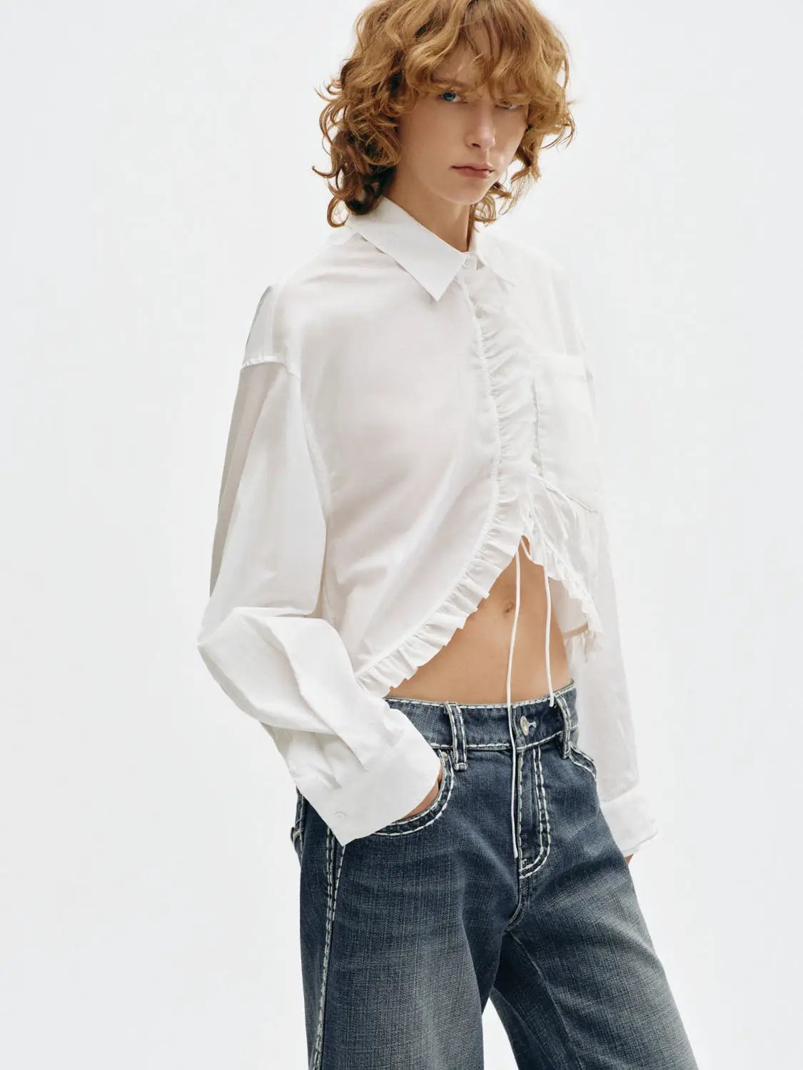 Ruffled Lace-up Open Front Long Sleeve Cotton Shirt