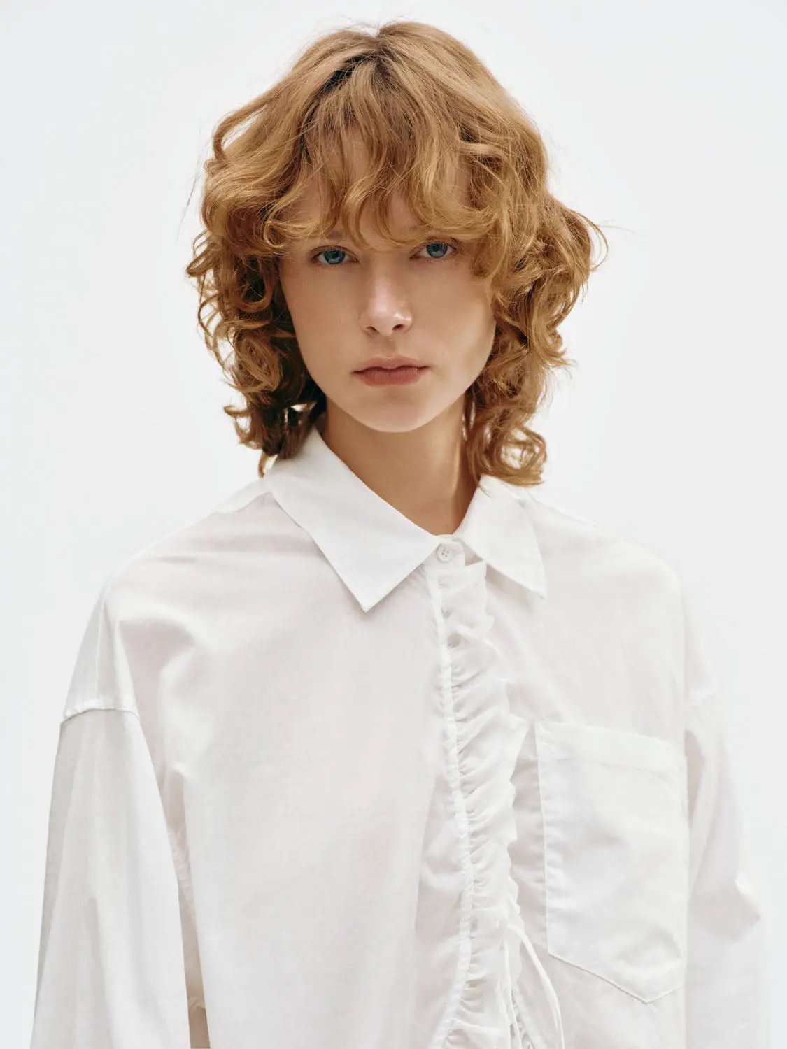 Ruffled Lace-up Open Front Long Sleeve Cotton Shirt
