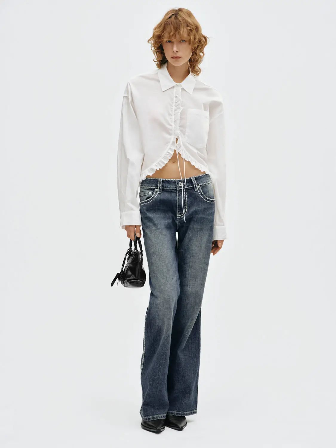 Ruffled Lace-up Open Front Long Sleeve Cotton Shirt