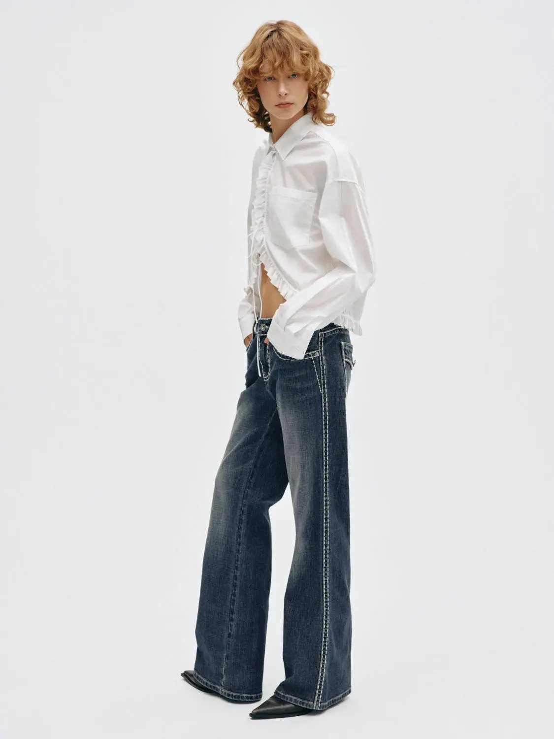 Ruffled Lace-up Open Front Long Sleeve Cotton Shirt