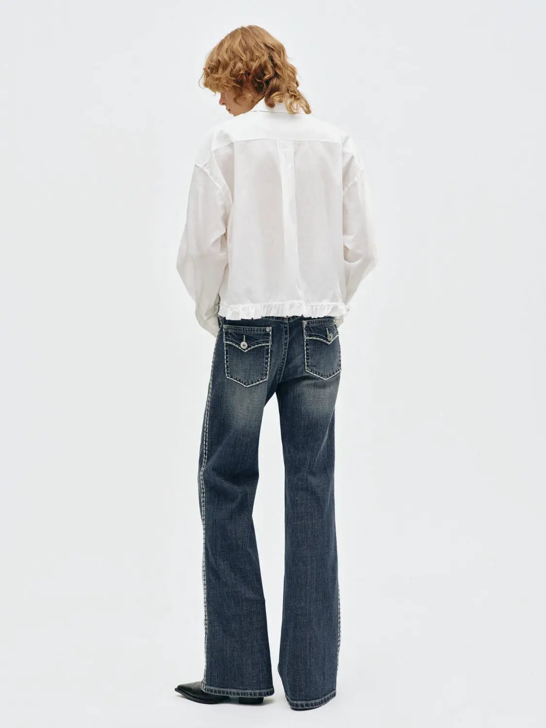 Ruffled Lace-up Open Front Long Sleeve Cotton Shirt
