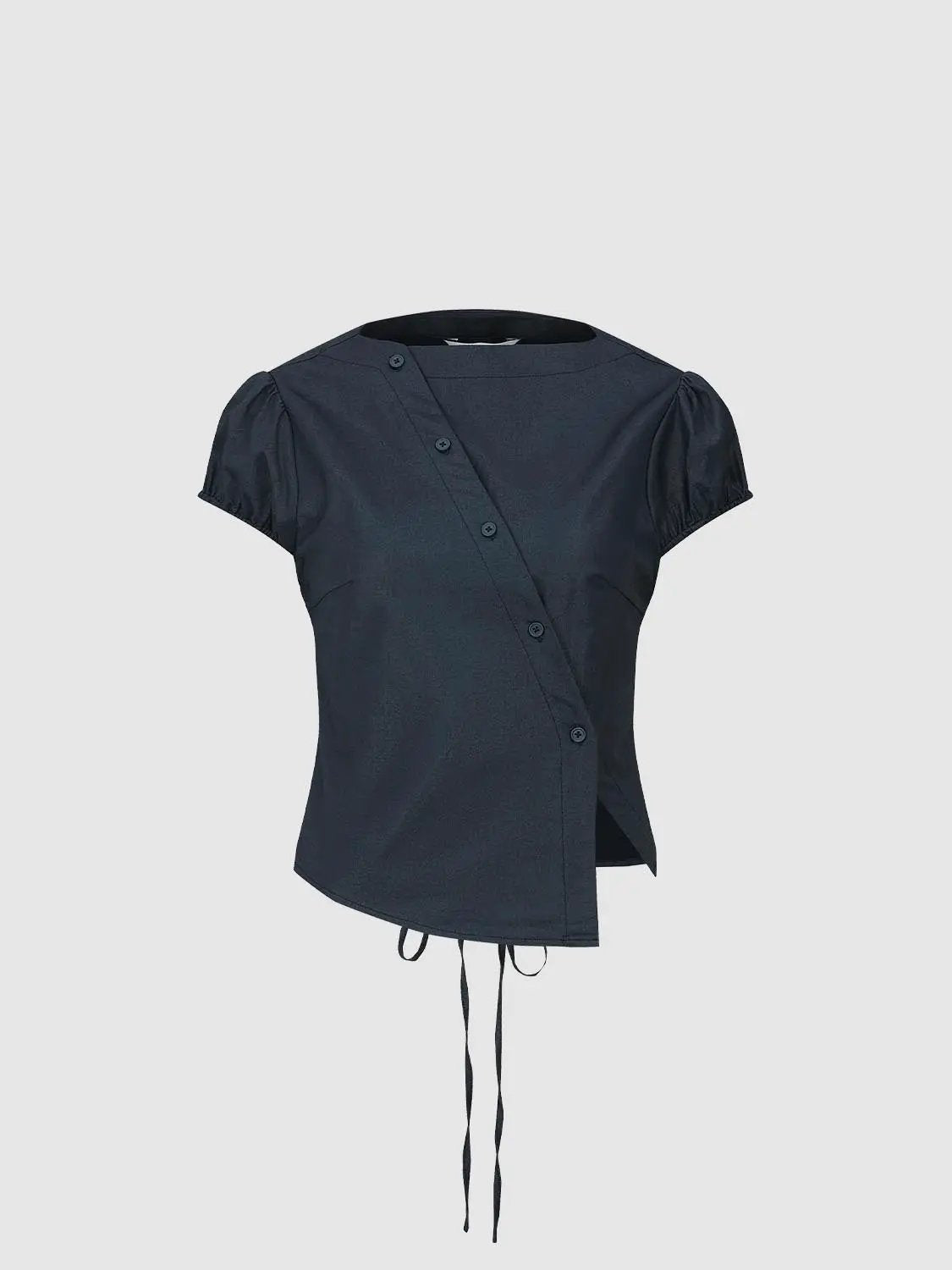Asymmetric Button Tie Hem Round Neck Short Sleeve Shirt