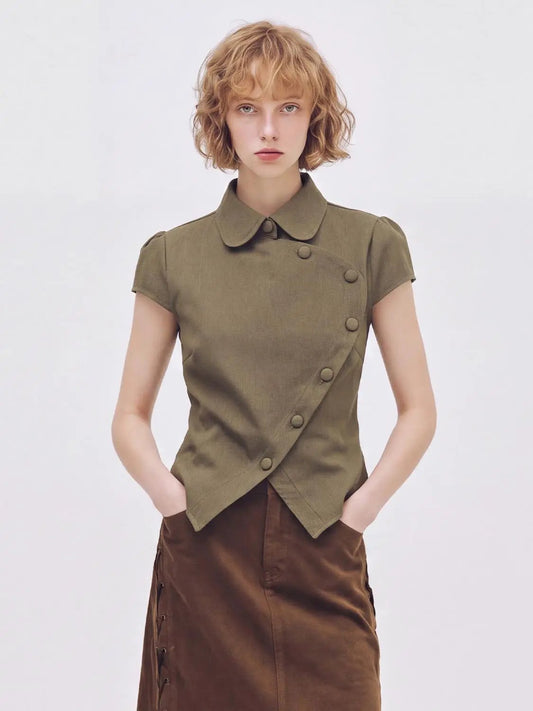 Button Front Collar Short Sleeve Cotton Blend Top
