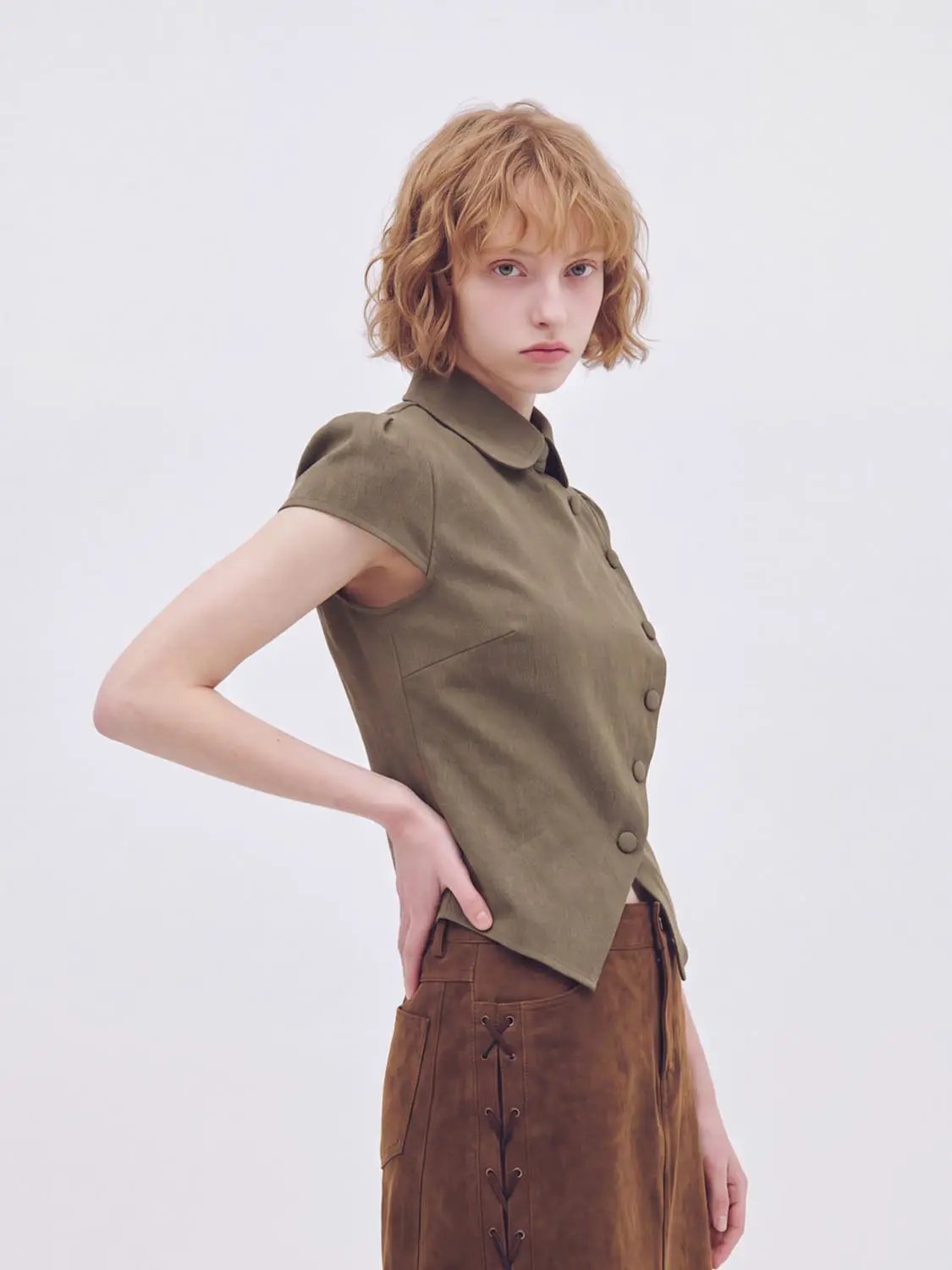 Button Front Collar Short Sleeve Cotton Blend Top