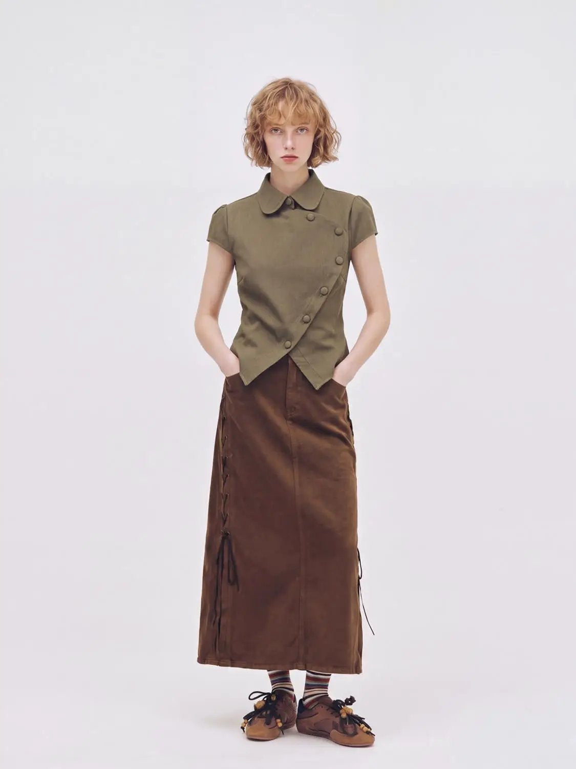 Button Front Collar Short Sleeve Cotton Blend Top