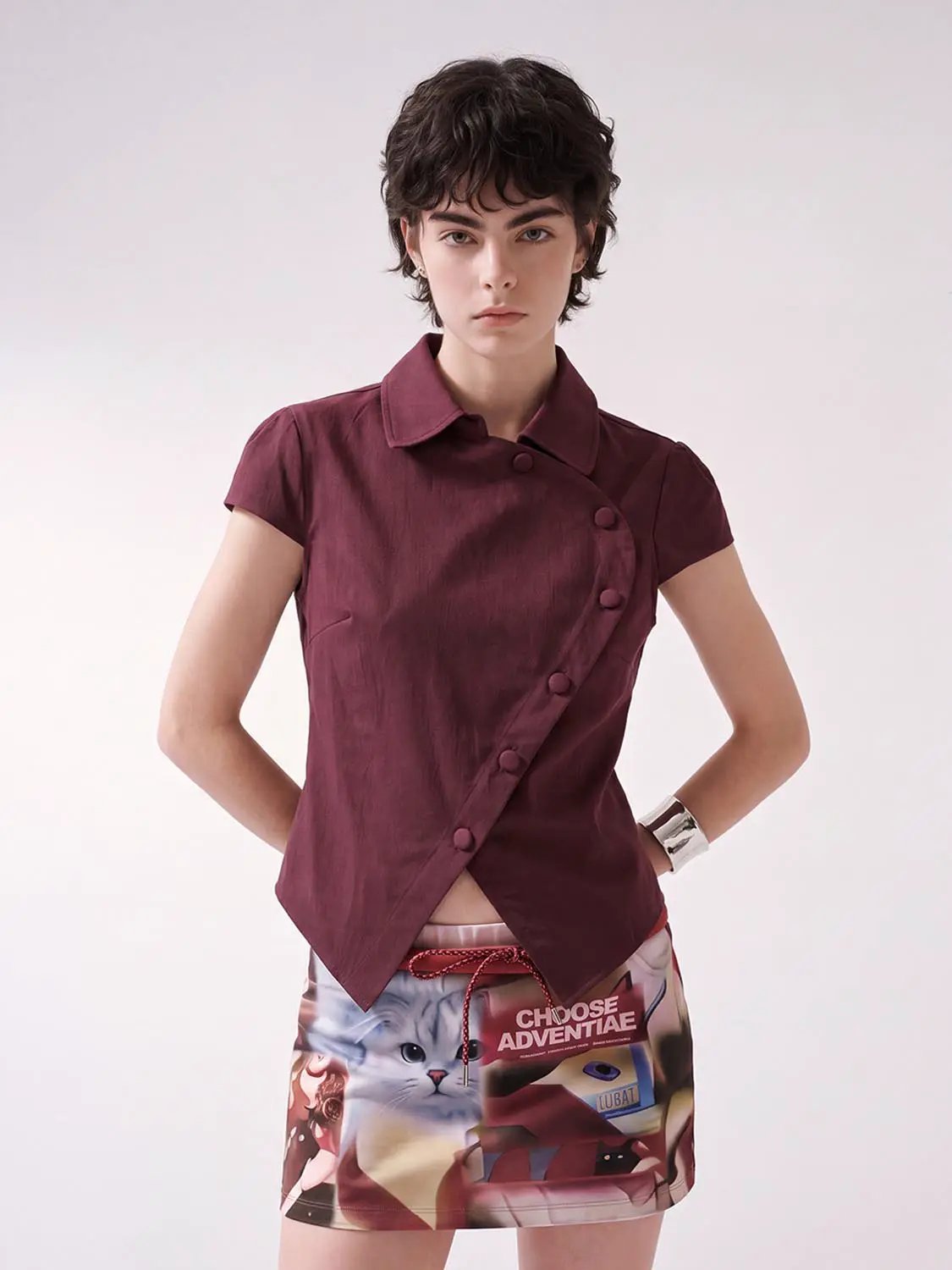 Button Front Collar Short Sleeve Cotton Blend Top