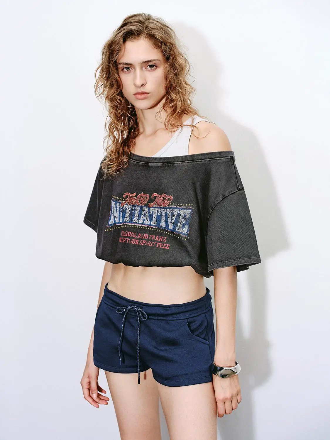 Off Shoulder Letter Print Short Sleeve Cropped Cotton Top