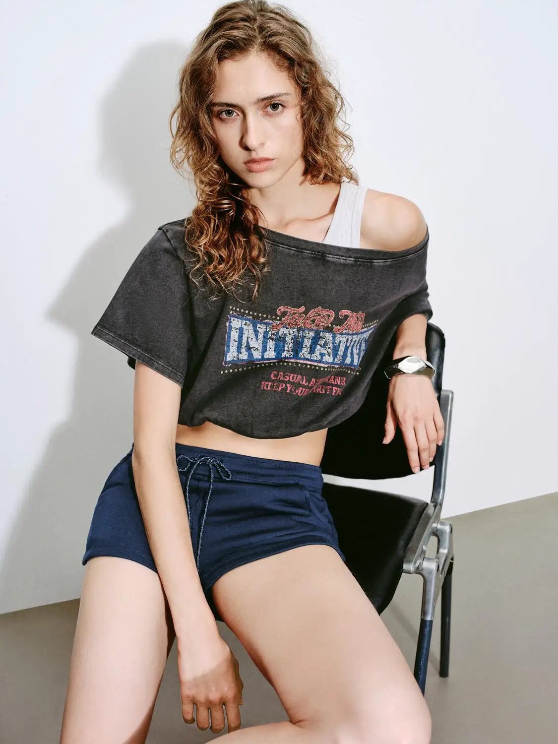 Off Shoulder Letter Print Short Sleeve Cropped Cotton Top