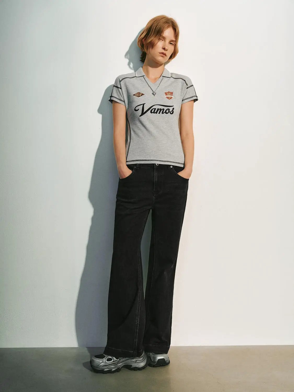 Shoulder Seam Piping Detail Polo Cotton Neck T-Shirt