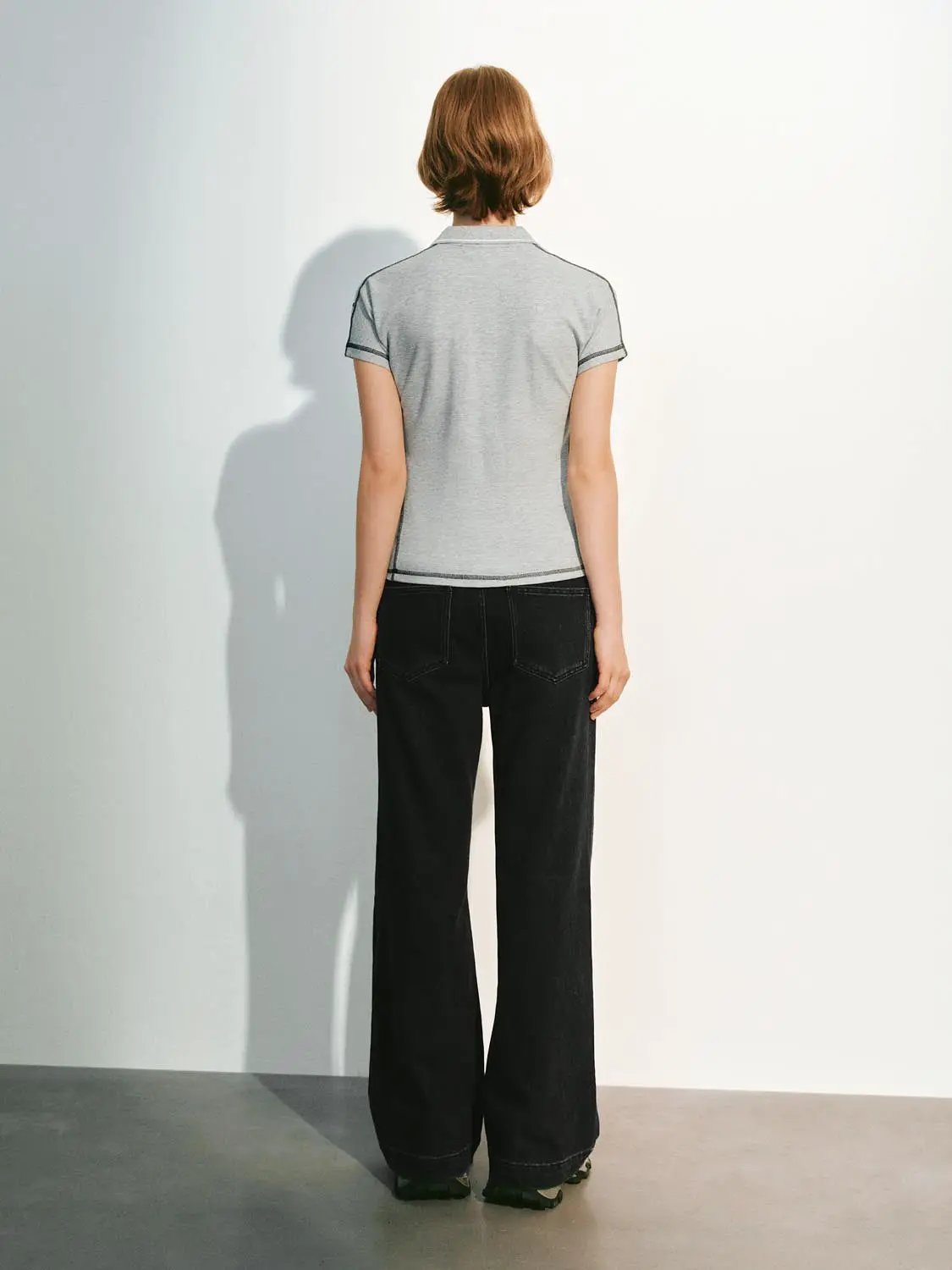 Shoulder Seam Piping Detail Polo Cotton Neck T-Shirt